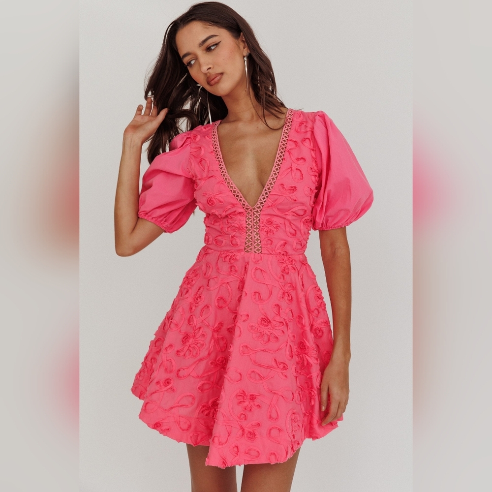Angel Biba Samsara Puff Sleeve Mini Dress Hot Pink